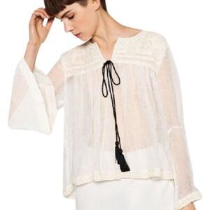 NWT Zara Woman boho gauze/lace tassel tie top - M‎